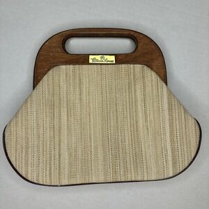 Vintage 70s ETIENNE AIGNER‎ Purse Linen Jute Clutch Bag Handbag Wooden Handle